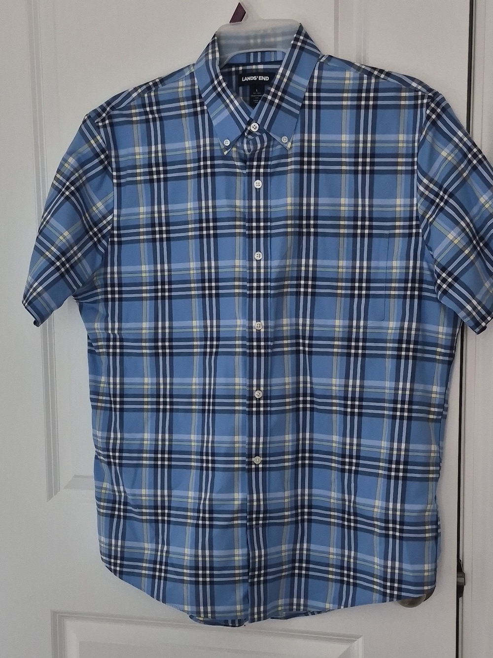 Lands' End Men’s Blue Plaid Short-Sleeve Button-Down Shirt Size L